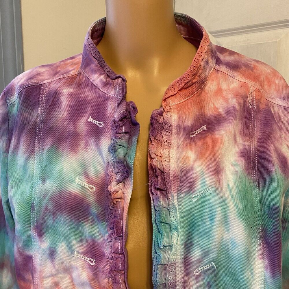 VTG Tissaia Open Jacket Women's XL Purple Tie Dye Ruffle Long Sleeve Boho Artsy - Picture 6 of 9